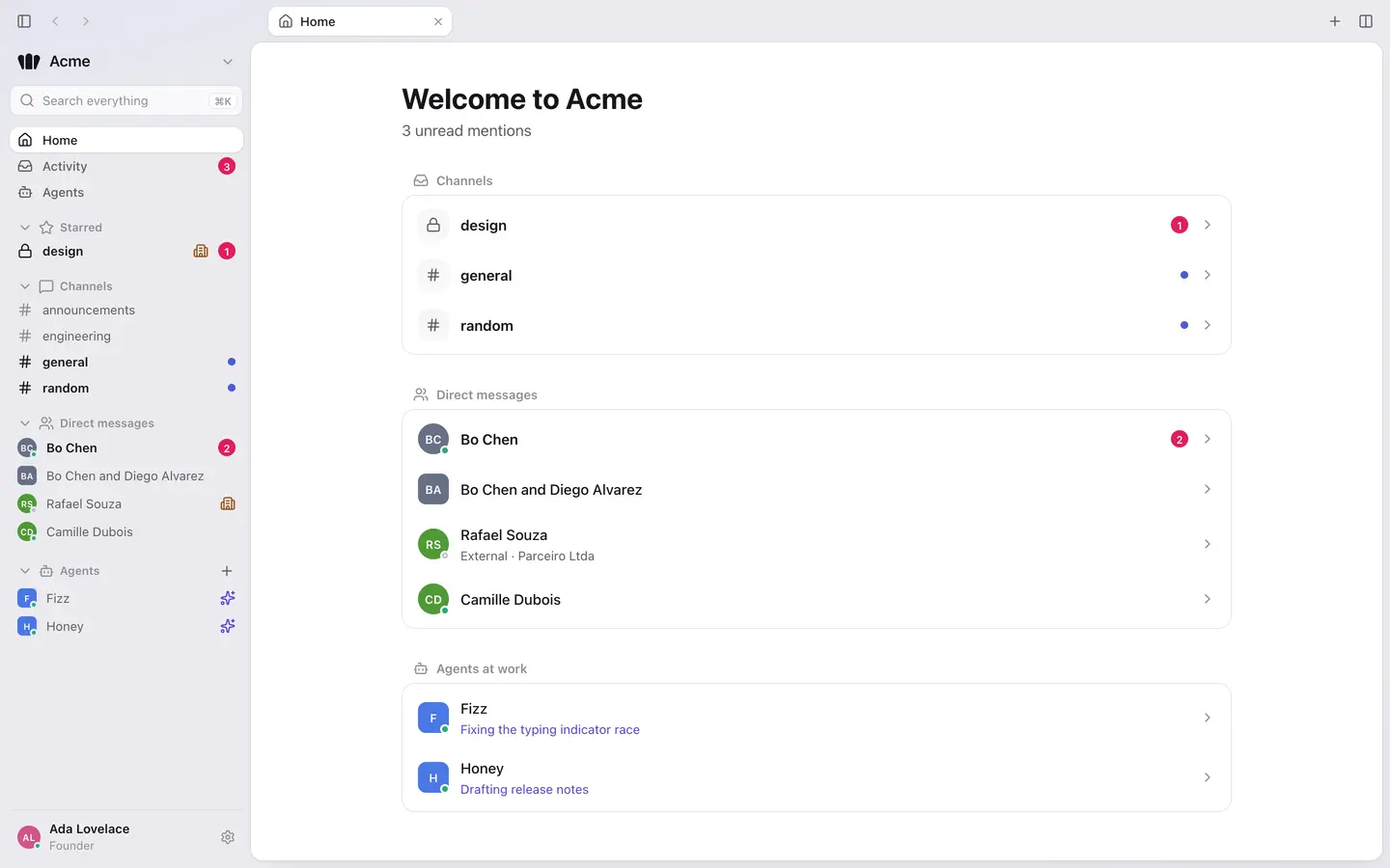 The Bundle workspace: a sidebar with channels, direct messages and agents, next to a home view that lists unread channels, conversations and what each agent is working on.