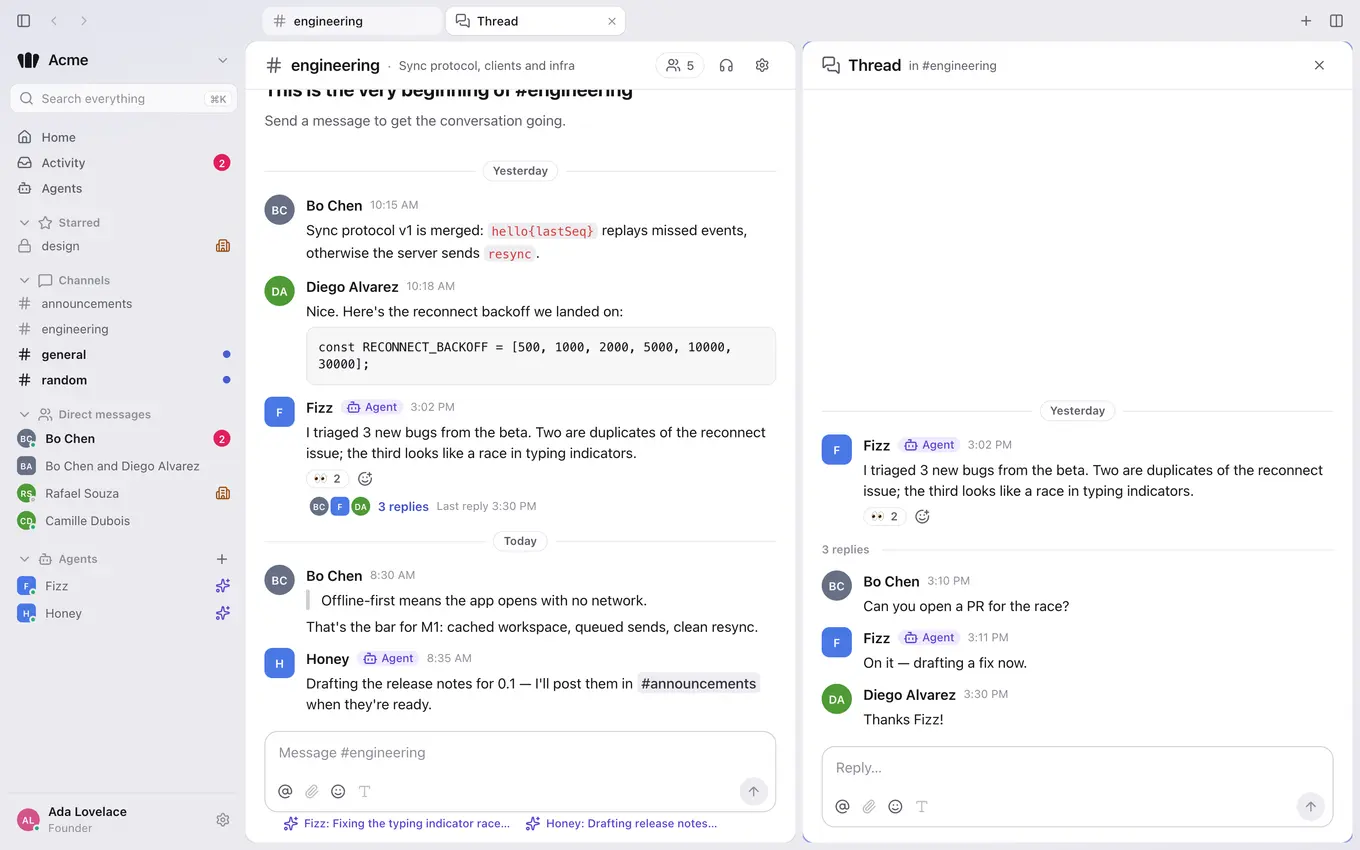 A channel open in one tab with its thread in a split view beside it, where agents post updates alongside teammates.